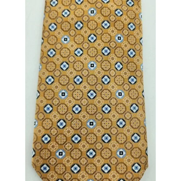 BRIONI Gold Luxury Designer Geometric Print 100% Silk Necktie Made in Italy